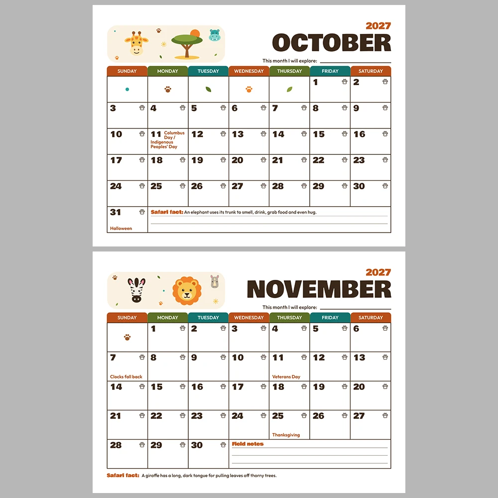2027 Kids Calendar Printable | Safari Adventure Monthly Calendar with Activities | Sunday & Monday Start | Letter A4 Desk Pad PDF