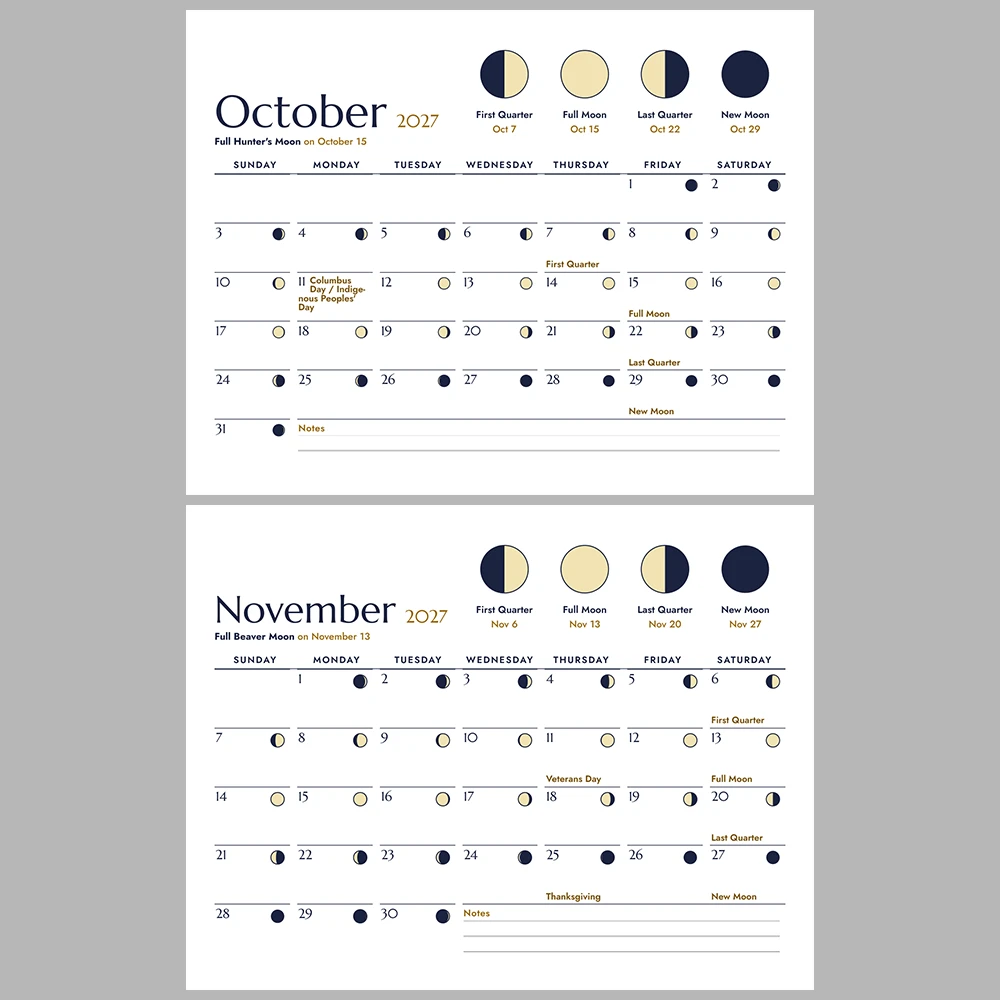 2027 Moon Phases Calendar Printable | Lunar Phase Monthly Wall Calendar | Sunday & Monday Start | Letter A4 Desk Pad PDF
