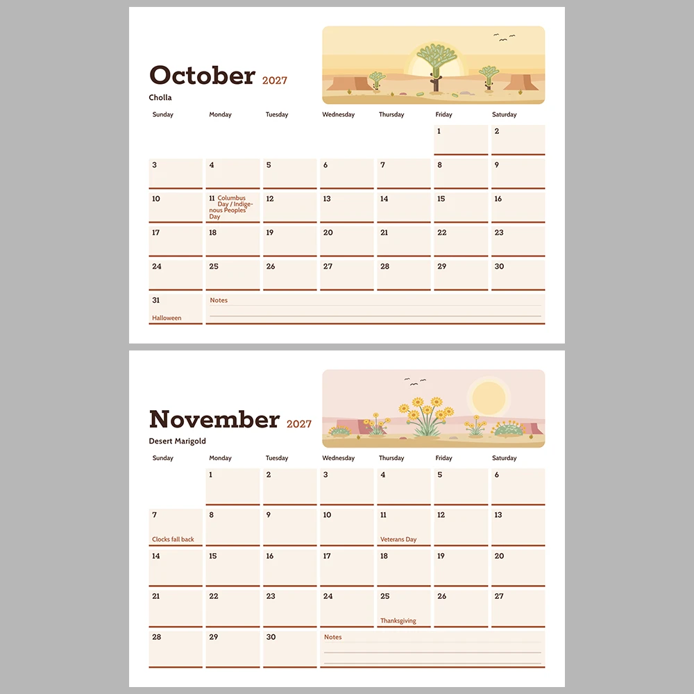 2027 Desert Southwest Calendar Printable | Cactus Desert Art Monthly Wall Calendar | Sunday & Monday Start | Letter A4 Desk Pad PDF