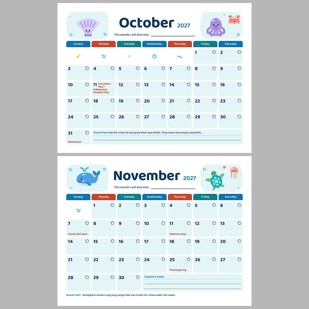 2027 Kids Calendar Printable | Ocean Friends Monthly Calendar with Activities | Sunday & Monday Start | Letter A4 Desk Pad PDF