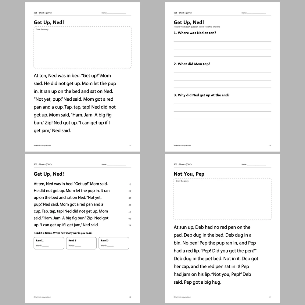 Short e (CVC) Decodable Readers | 8 Stories 38 Pages | Phonics Printable PDF | Ages 5-6