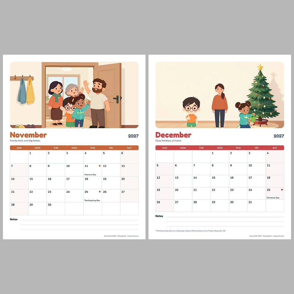 2027 Printable Calendar for Kids | Nora & Eli Monthly Wall Calendar with US Holidays | Family Planner Letter A4 PDF