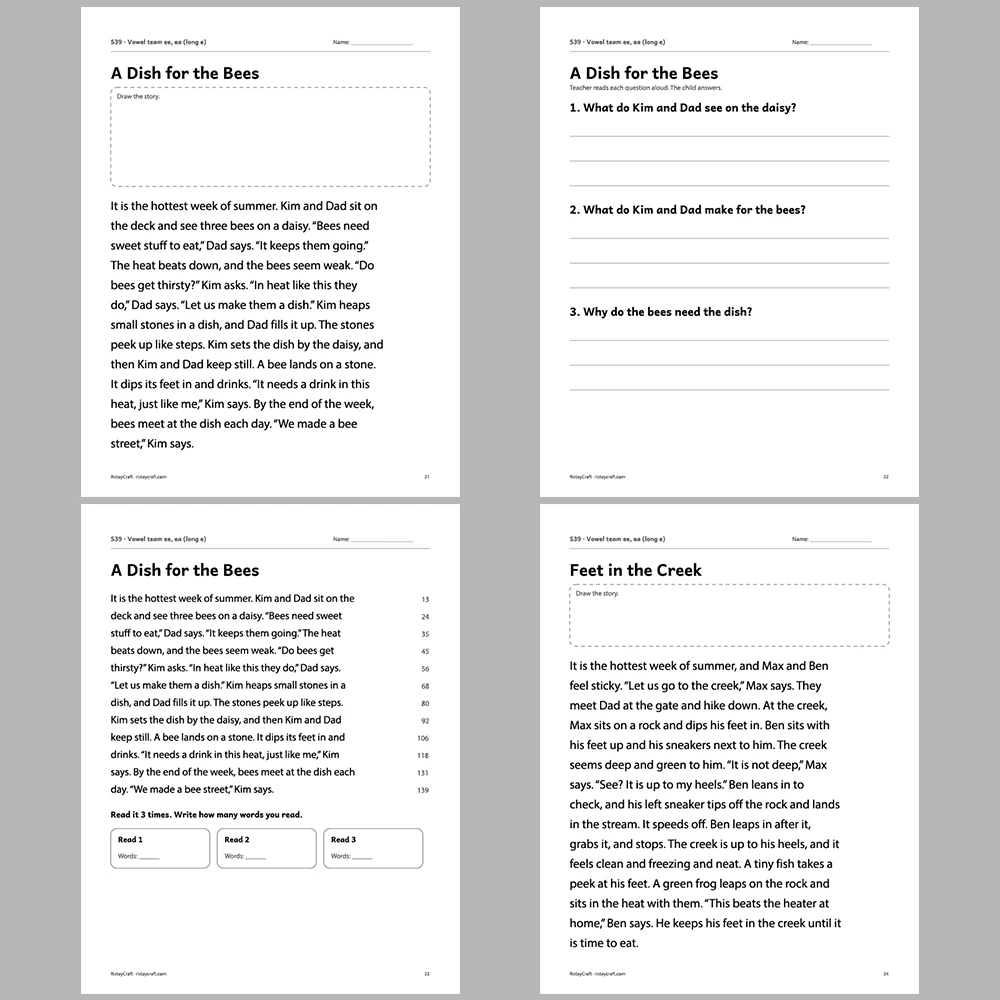 Vowel team ee, ea (long e) Decodable Readers | 10 Stories 44 Pages | Phonics Printable PDF | Ages 6-8