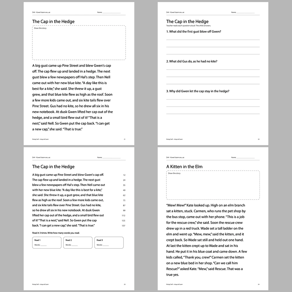 Vowel team ew, ue Decodable Readers | 10 Stories 44 Pages | Phonics Printable PDF | Ages 6-9