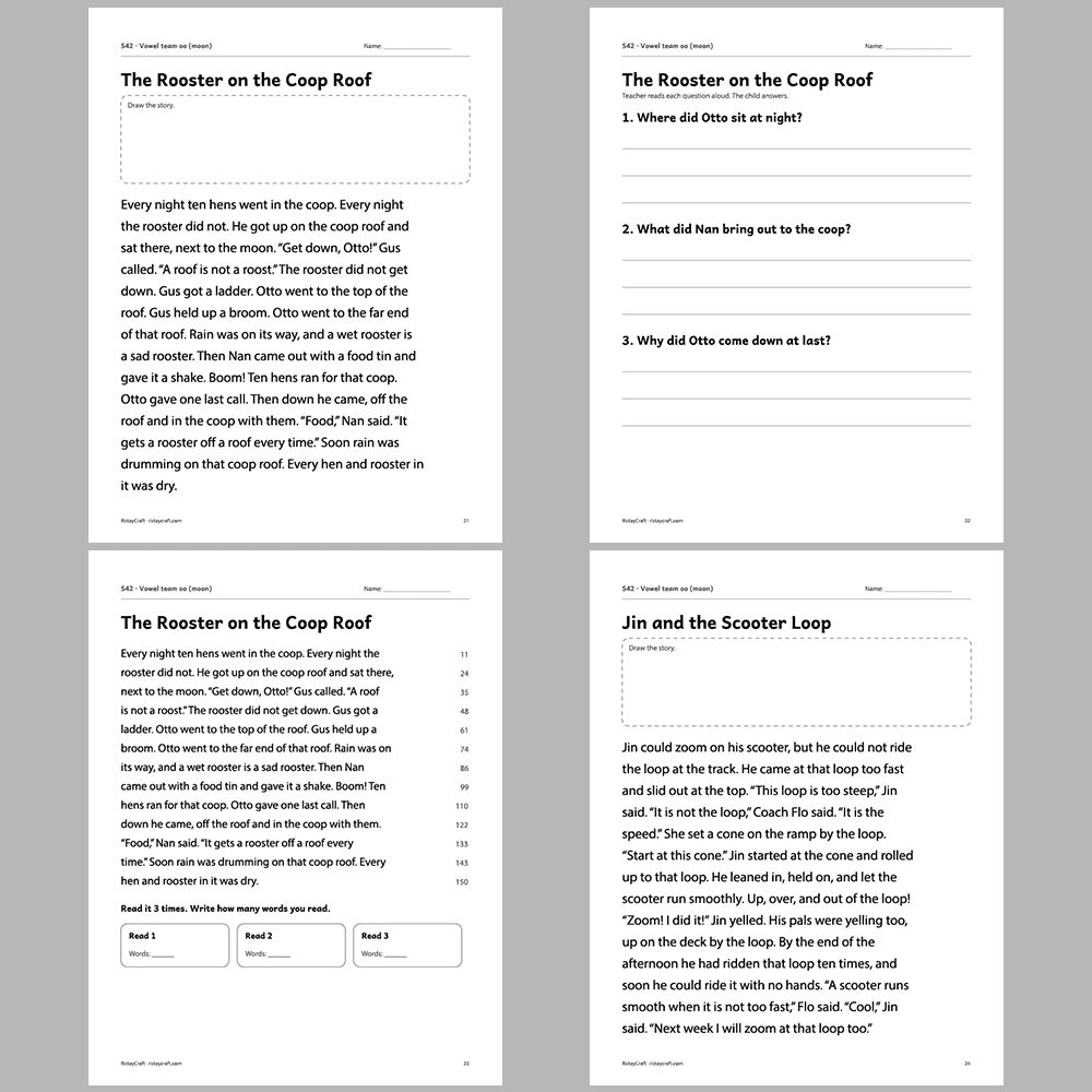 Vowel team oo (moon) Decodable Readers | 10 Stories 44 Pages | Phonics Printable PDF | Ages 6-9