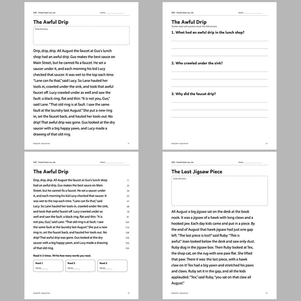 Vowel team au, aw Decodable Readers | 10 Stories 44 Pages | Phonics Printable PDF | Ages 6-9