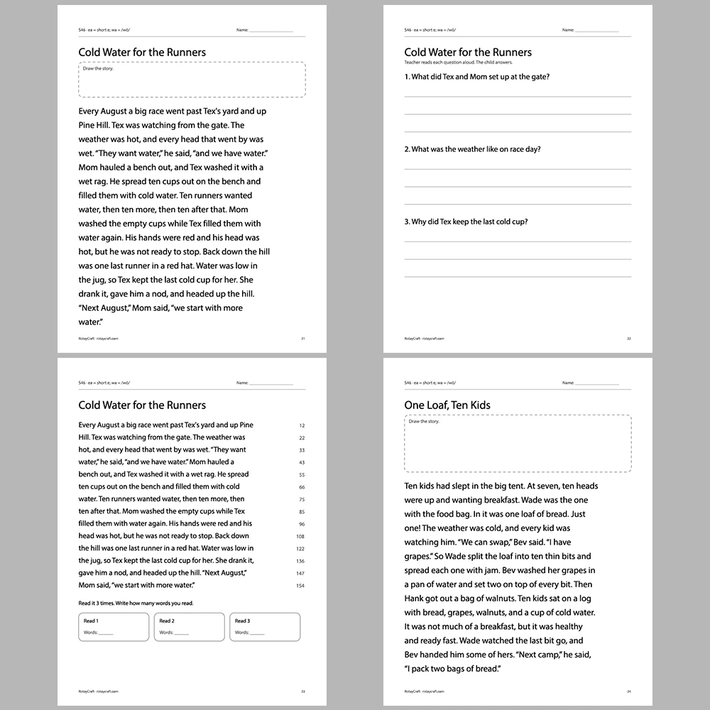 ea = short e; wa = /wŏ/ Decodable Readers | 10 Stories 44 Pages | Phonics Printable PDF | Ages 6-9