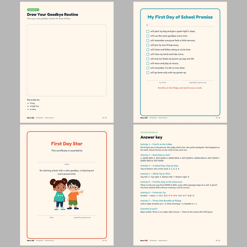 First Day of School Social Narrative for Kids | 29-Page Printable Big Moment Story Ages 4–8 | Goodbye Routine Circle Time Activities