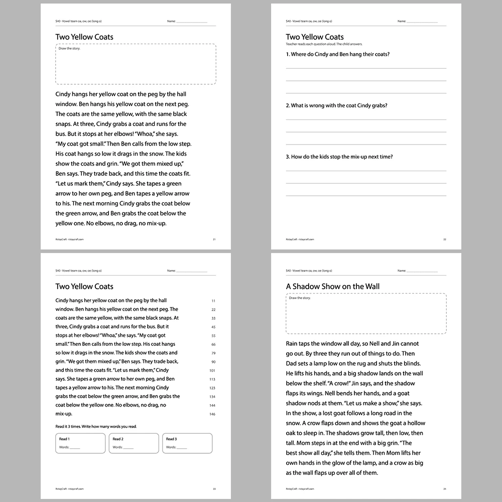 Vowel team oa, ow, oe (long o) Decodable Readers | 10 Stories 44 Pages | Phonics Printable PDF | Ages 6-8