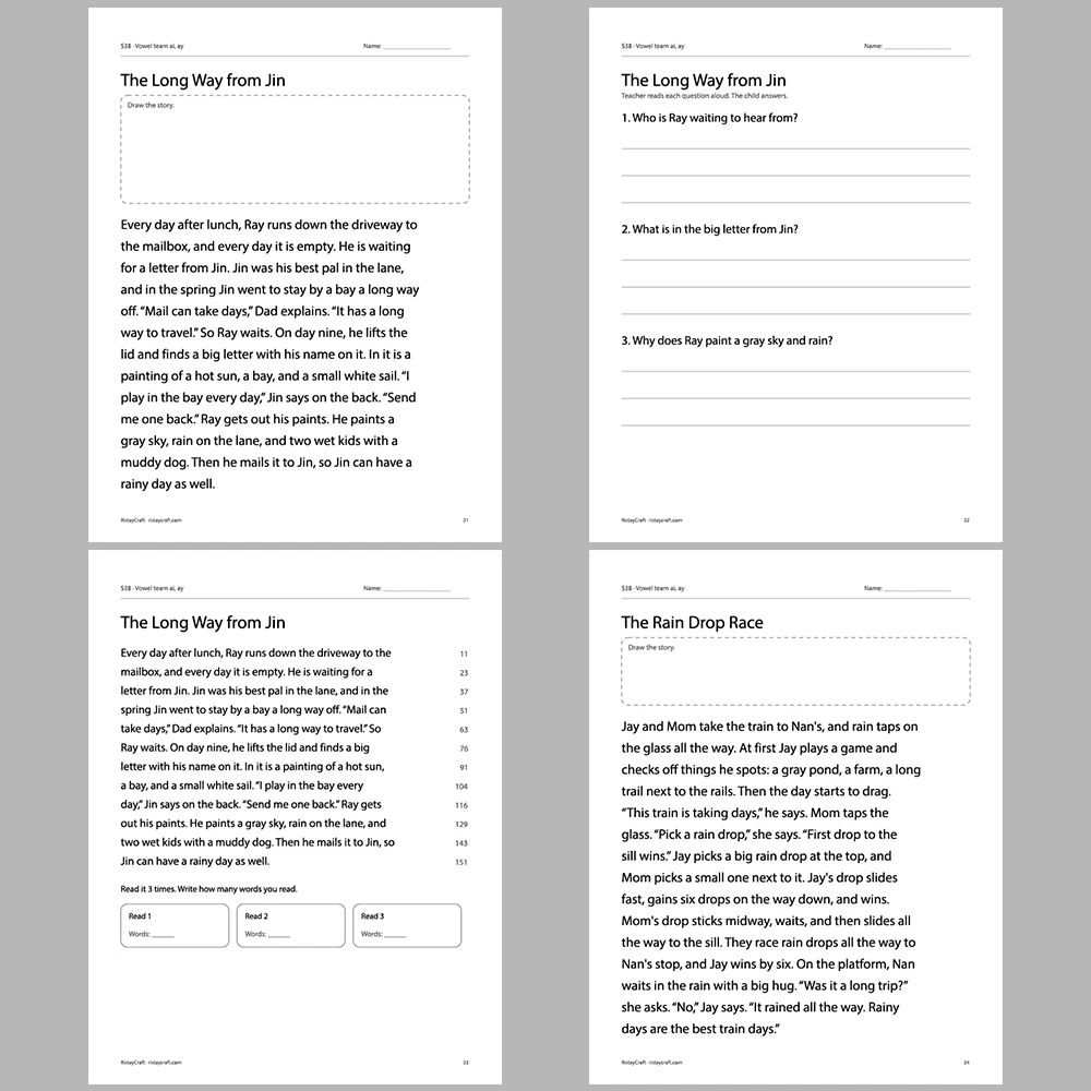 Vowel team ai, ay Decodable Readers | 10 Stories 44 Pages | Phonics Printable PDF | Ages 6-8