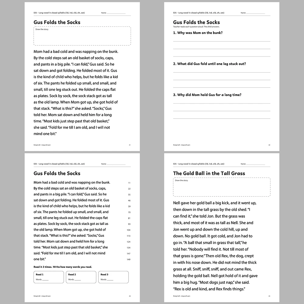 Long vowel in closed syllable (ild, ind, old, olt, ost) Decodable Readers | 10 Stories 44 Pages | Phonics Printable PDF | Ages 6-8