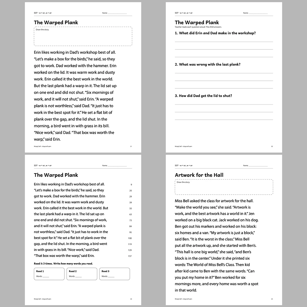 w + or, w + ar Decodable Readers | 10 Stories 44 Pages | Phonics Printable PDF | Ages 6-8