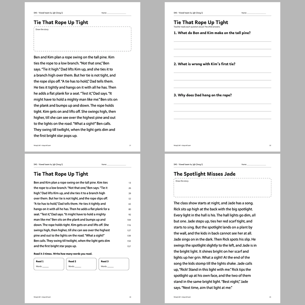 Vowel team ie, igh (long i) Decodable Readers | 10 Stories 44 Pages | Phonics Printable PDF | Ages 6-9