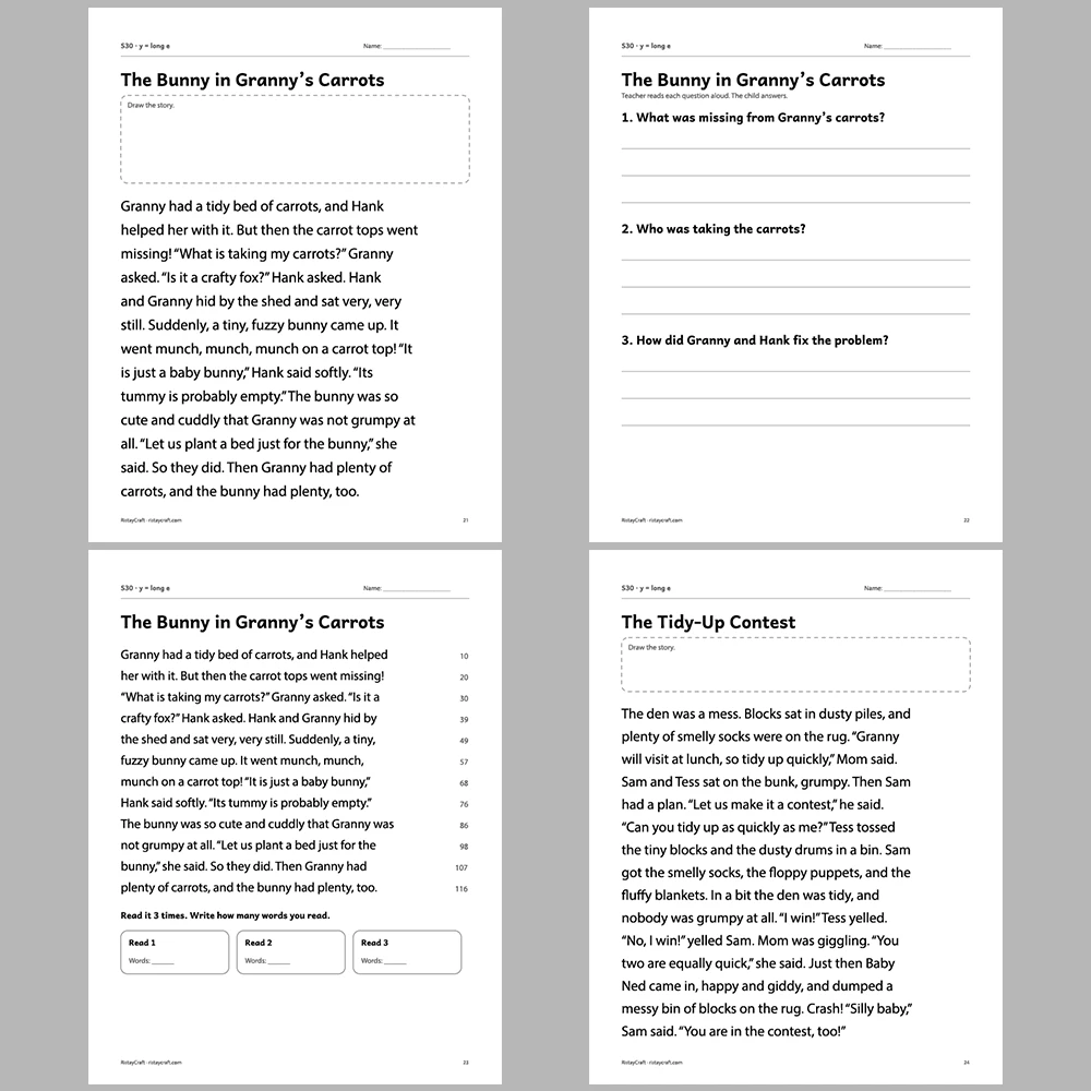 y = long e Decodable Readers | 10 Stories 44 Pages | Phonics Printable PDF | Ages 6-8