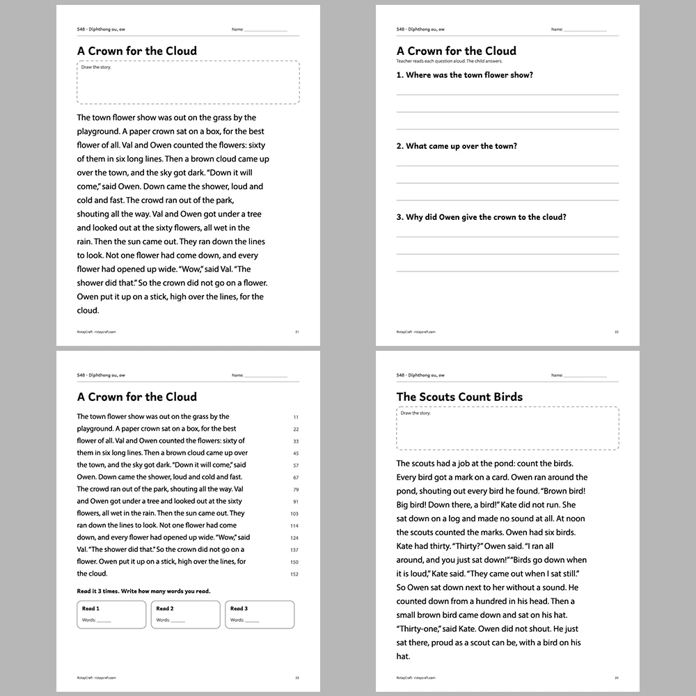 Diphthong ou, ow Decodable Readers | 10 Stories 44 Pages | Phonics Printable PDF | Ages 6-9