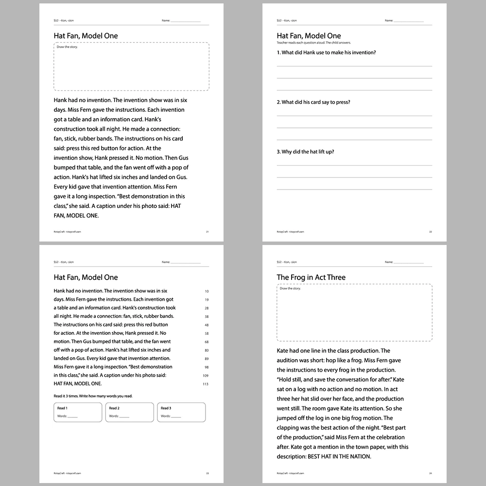 -tion, -sion Decodable Readers | 10 Stories 44 Pages | Phonics Printable PDF | Ages 6-9