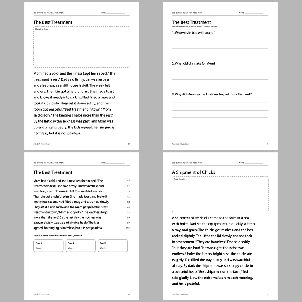 Suffixes -ly, -ful, -less, -ness, -ment Decodable Readers | 10 Stories 44 Pages | Phonics Printable PDF | Ages 6-9