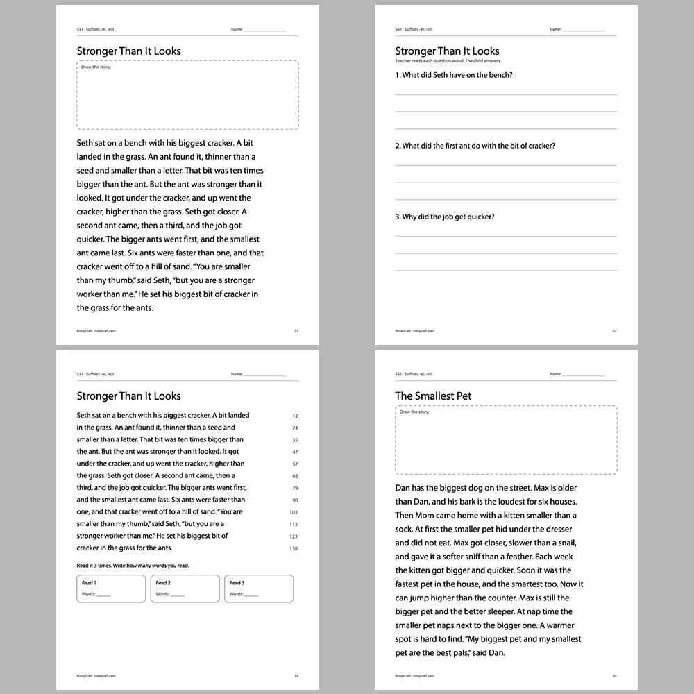 Suffixes -er, -est Decodable Readers | 10 Stories 44 Pages | Phonics Printable PDF | Ages 6-9