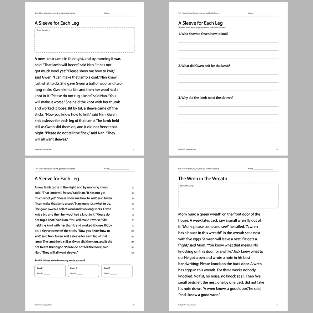 Silent letters (kn, wr, mb, gn) and final silent e Decodable Readers | 10 Stories 44 Pages | Phonics Printable PDF | Ages 6-9