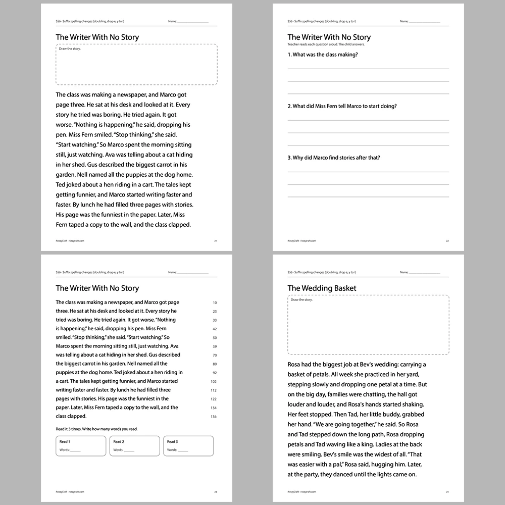Suffix spelling changes (doubling, drop e, y to i) Decodable Readers | 10 Stories 44 Pages | Phonics Printable PDF | Ages 6-9