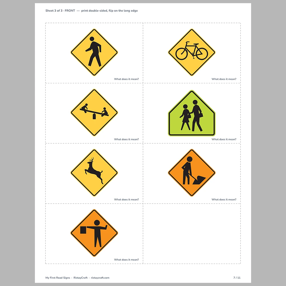 Road Signs Flash Cards for Kids | 23 Traffic Signs with Simple Meanings | Preschool Kindergarten Safety Activity | Printable PDF