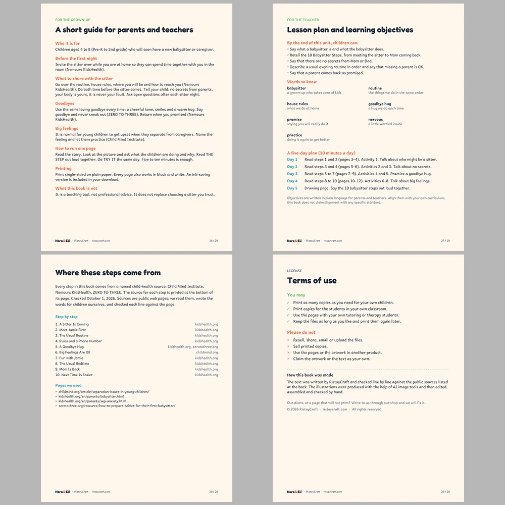 New Babysitter Social Narrative for Kids | 29-Page Printable Big Moment Story Ages 4–8 | Babysitter Goodbye Story Activities