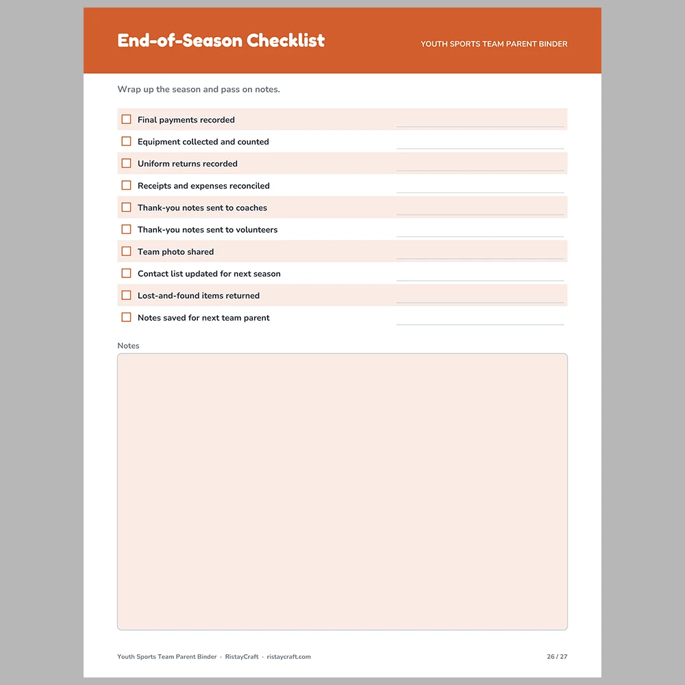 Team Parent Binder Printable | Youth Sports Manager Organizer | Roster, Snack Schedule, Carpool Log, Game Day Checklist | Instant PDF