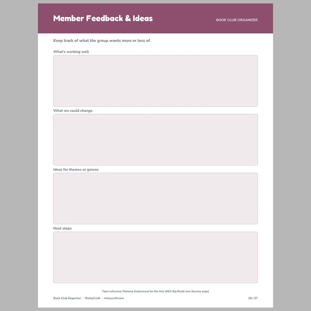 Book Club Organizer Printable | Member List, Meeting Schedule, Book Votes, Hosting Rotation & Ratings Log | Fillable PDF Planner