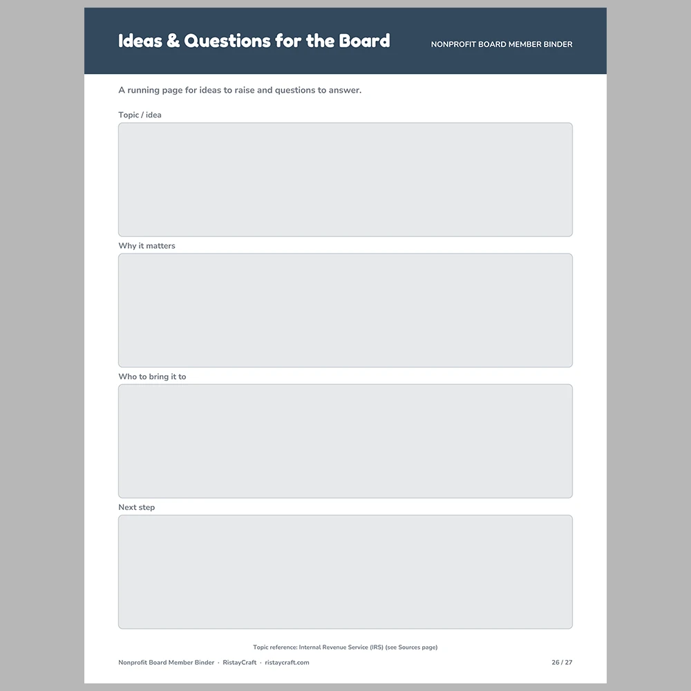Nonprofit Board Member Binder Printable | Board Roster, Committees, Meeting Notes, Action Items & Donor Log | Fillable PDF Organizer