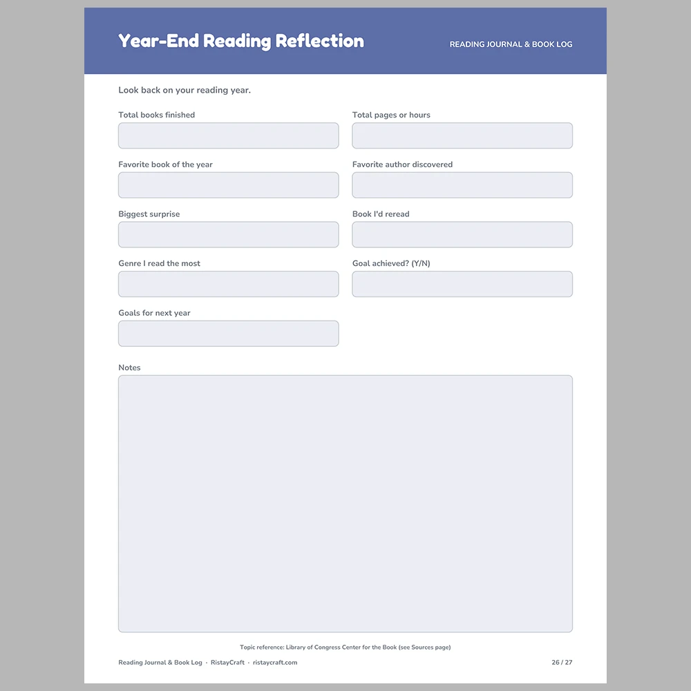 Reading Journal Printable | Book Log, Reading Goals, Book Review Pages, Quotes Log, Series & Library Loan Tracker | Fillable PDF