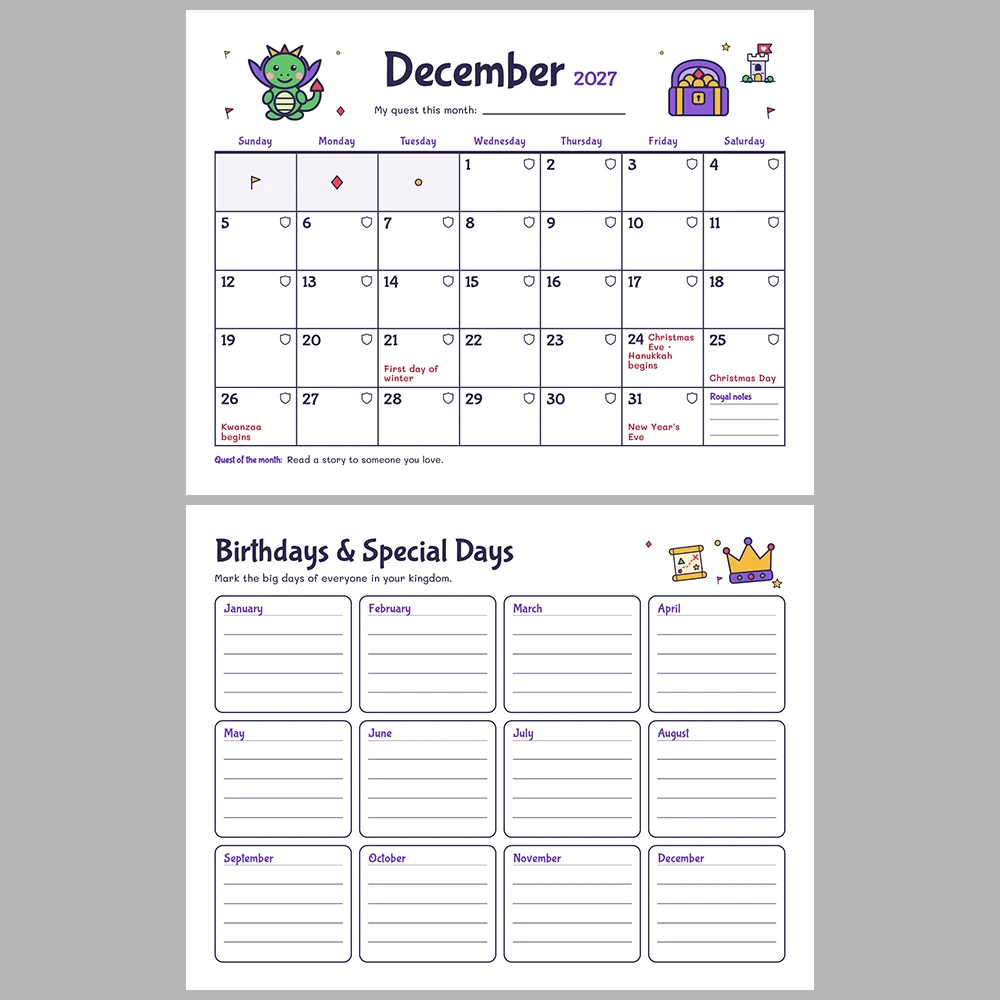 2027 Kids Calendar Printable | Castle & Dragons Monthly Calendar with Activities | Sunday & Monday Start | Letter A4 Desk Pad PDF