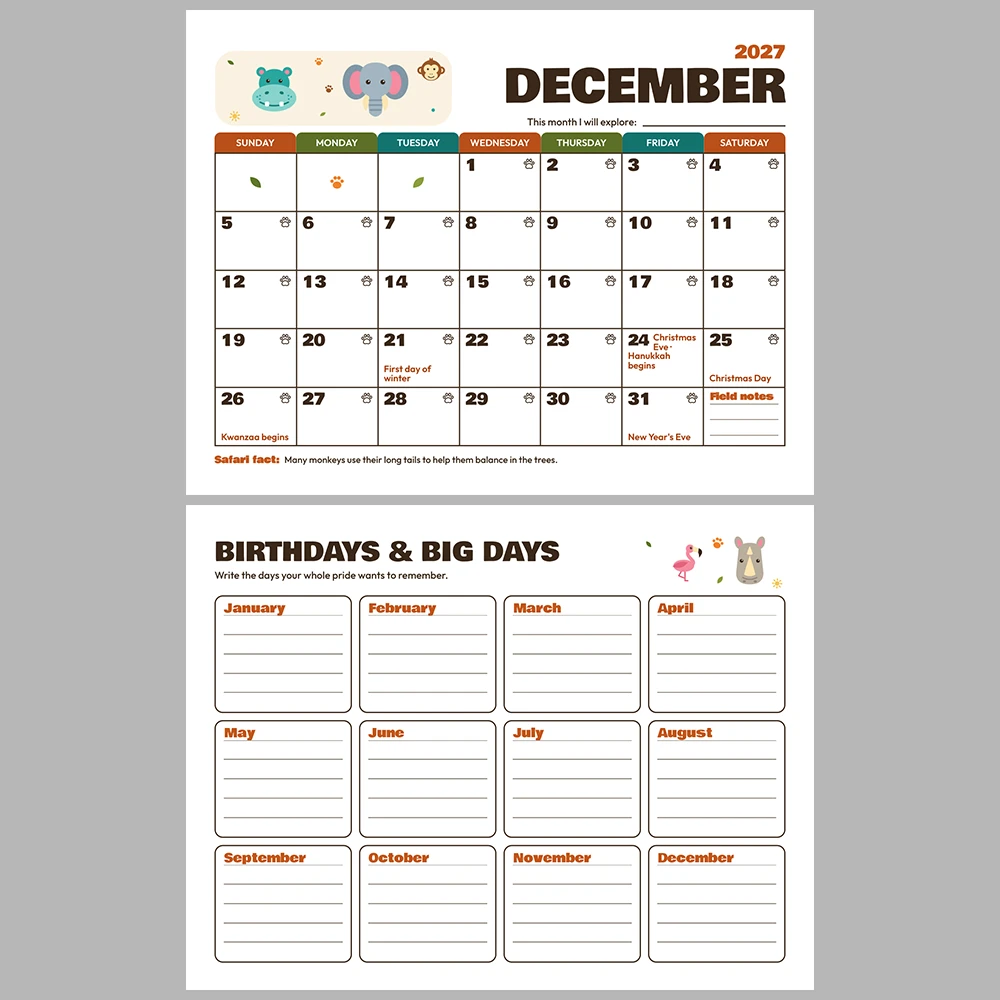 2027 Kids Calendar Printable | Safari Adventure Monthly Calendar with Activities | Sunday & Monday Start | Letter A4 Desk Pad PDF