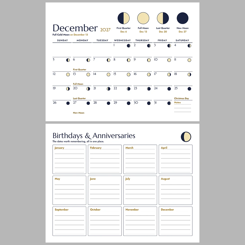 2027 Moon Phases Calendar Printable | Lunar Phase Monthly Wall Calendar | Sunday & Monday Start | Letter A4 Desk Pad PDF