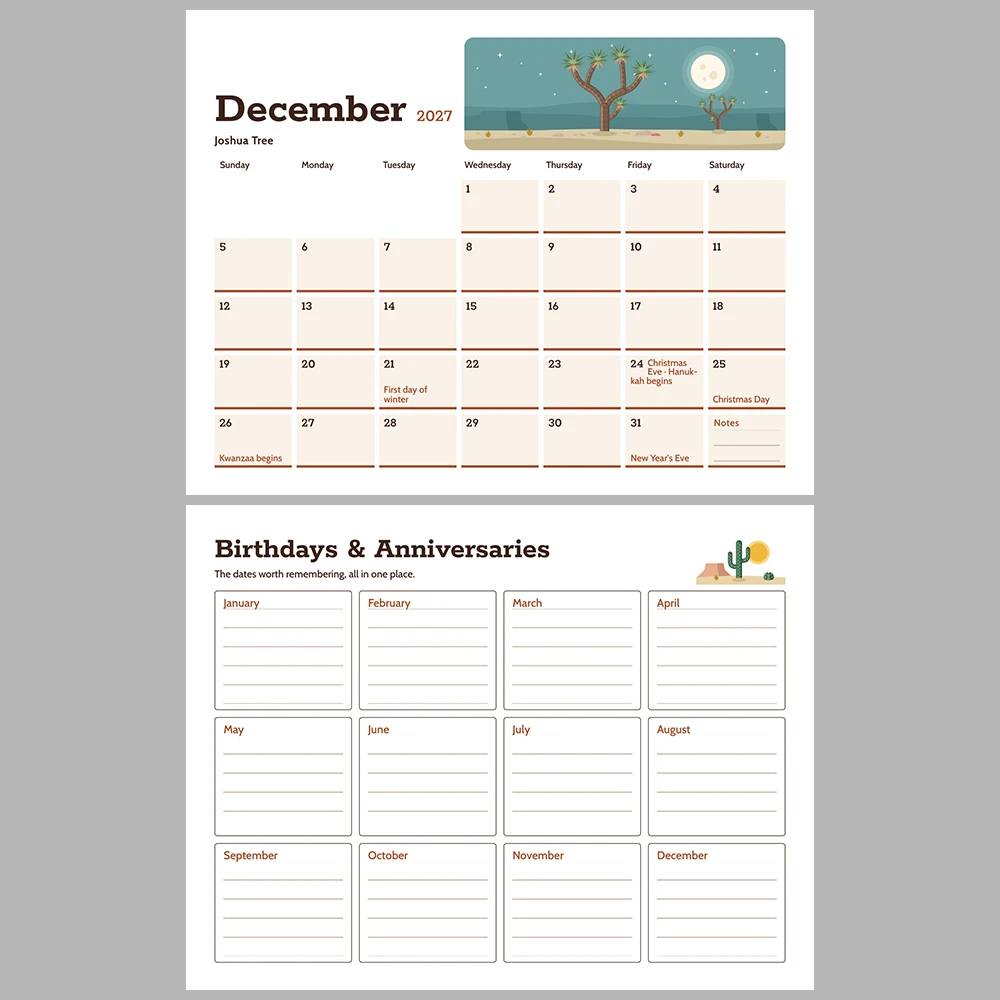 2027 Desert Southwest Calendar Printable | Cactus Desert Art Monthly Wall Calendar | Sunday & Monday Start | Letter A4 Desk Pad PDF