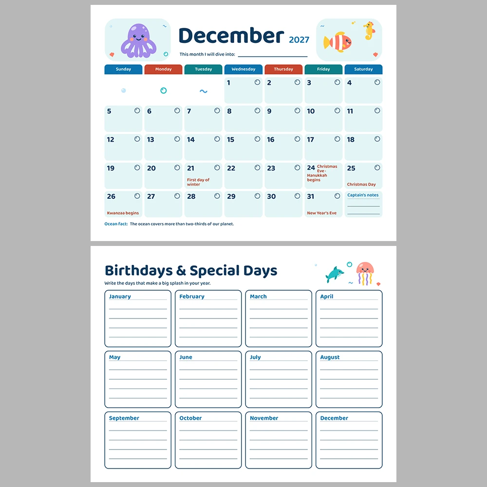 2027 Kids Calendar Printable | Ocean Friends Monthly Calendar with Activities | Sunday & Monday Start | Letter A4 Desk Pad PDF