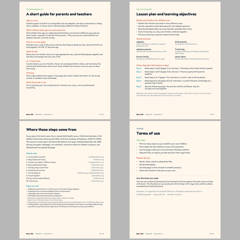 Adoption Family Story Social Narrative for Kids | 29-Page Printable Big Moment Story Ages 4–8 | Birth Parents Family Day Activities