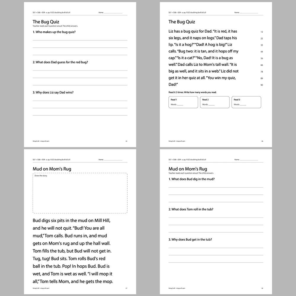 x, qu, FLSZ doubling & all/oll/ull Decodable Readers | 8 Stories 38 Pages | Phonics Printable PDF | Ages 5-6