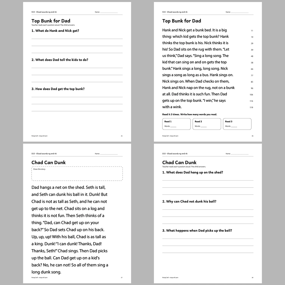 Glued sounds ng and nk Decodable Readers | 8 Stories 38 Pages | Phonics Printable PDF | Ages 5-6