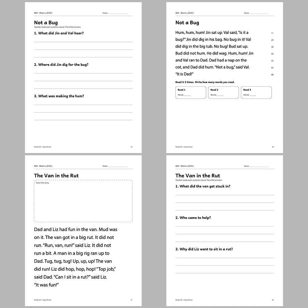 Short u (CVC) Decodable Readers | 8 Stories 38 Pages | Phonics Printable PDF | Ages 5-6