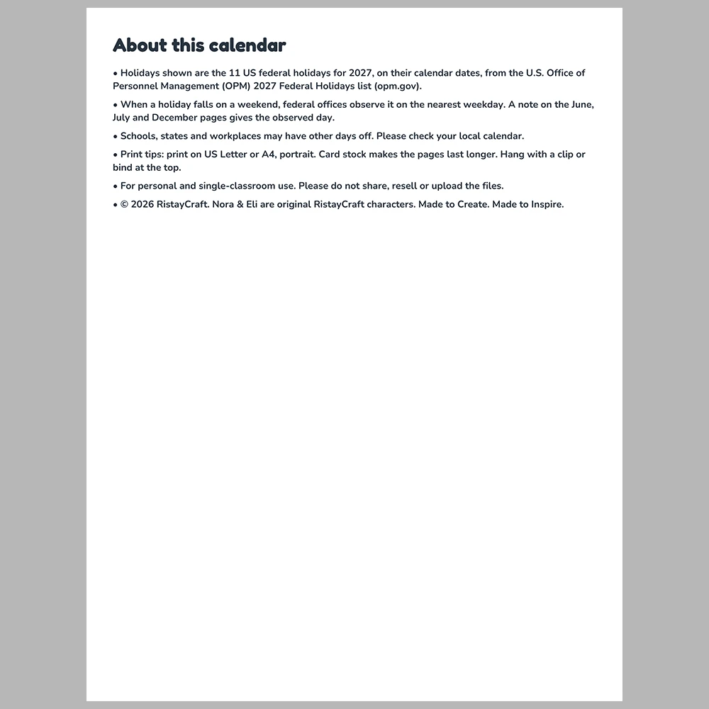 2027 Printable Calendar for Kids | Nora & Eli Monthly Wall Calendar with US Holidays | Family Planner Letter A4 PDF