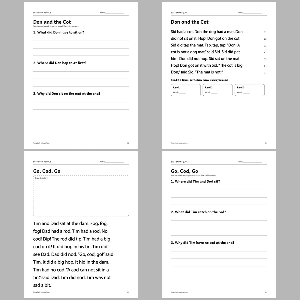 Short o (CVC) Decodable Readers | 8 Stories 38 Pages | Phonics Printable PDF | Ages 5-6