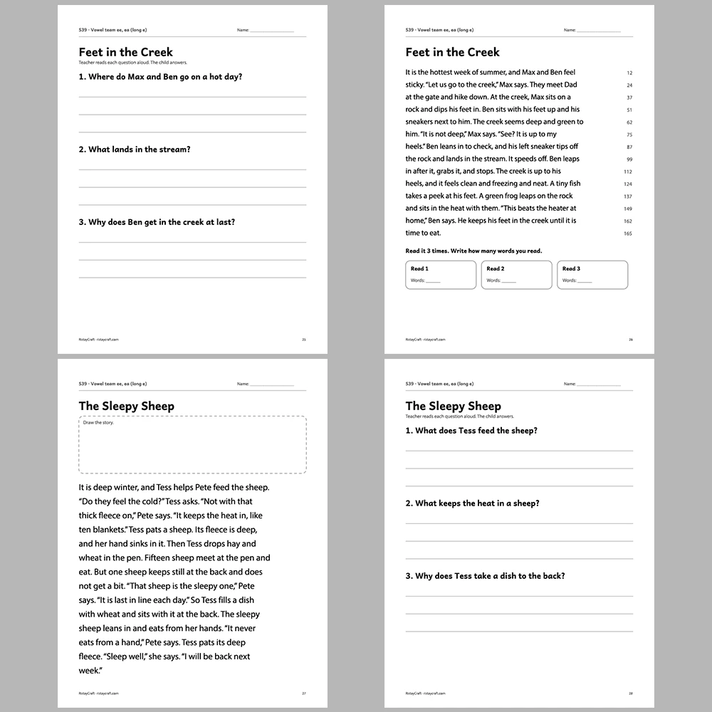 Vowel team ee, ea (long e) Decodable Readers | 10 Stories 44 Pages | Phonics Printable PDF | Ages 6-8