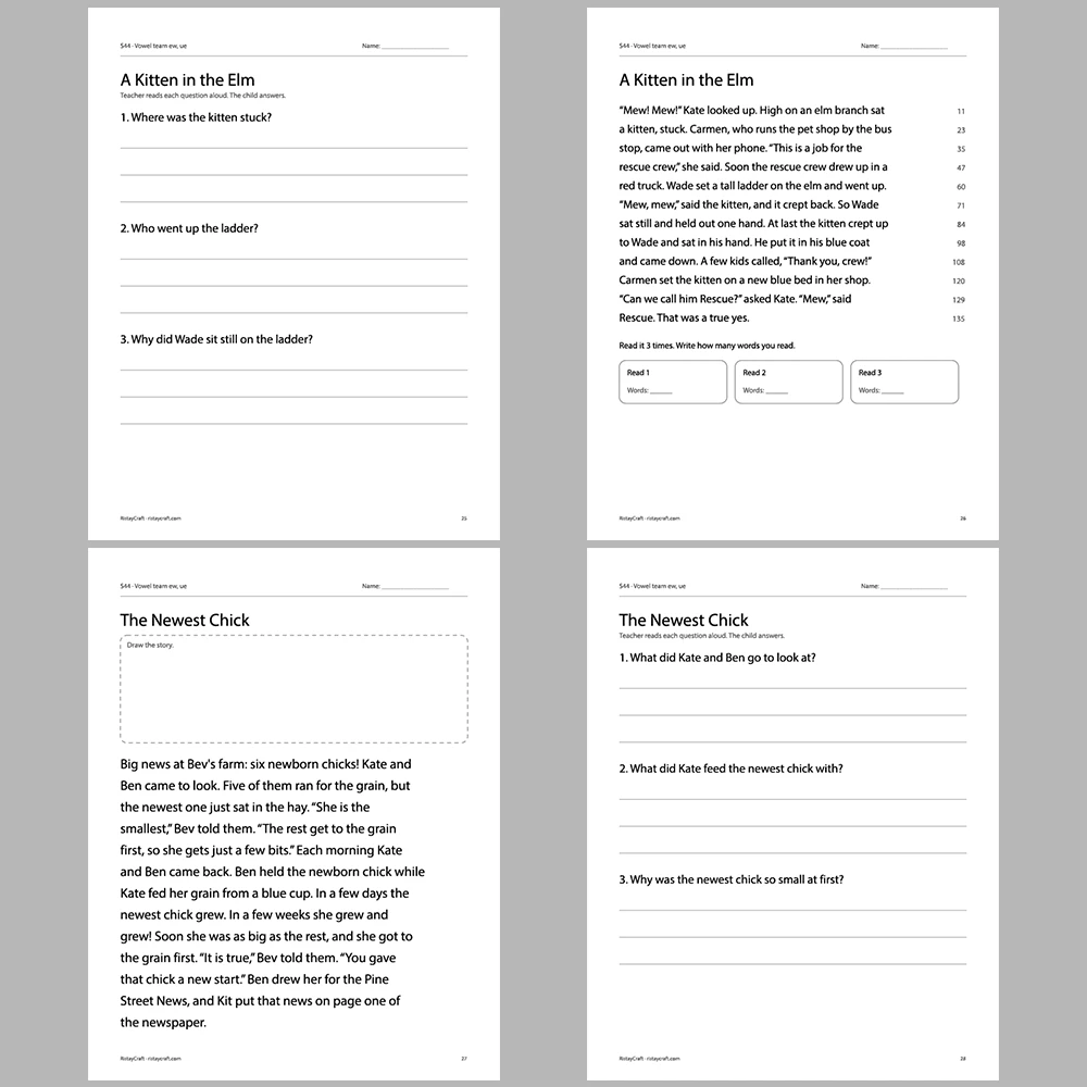 Vowel team ew, ue Decodable Readers | 10 Stories 44 Pages | Phonics Printable PDF | Ages 6-9