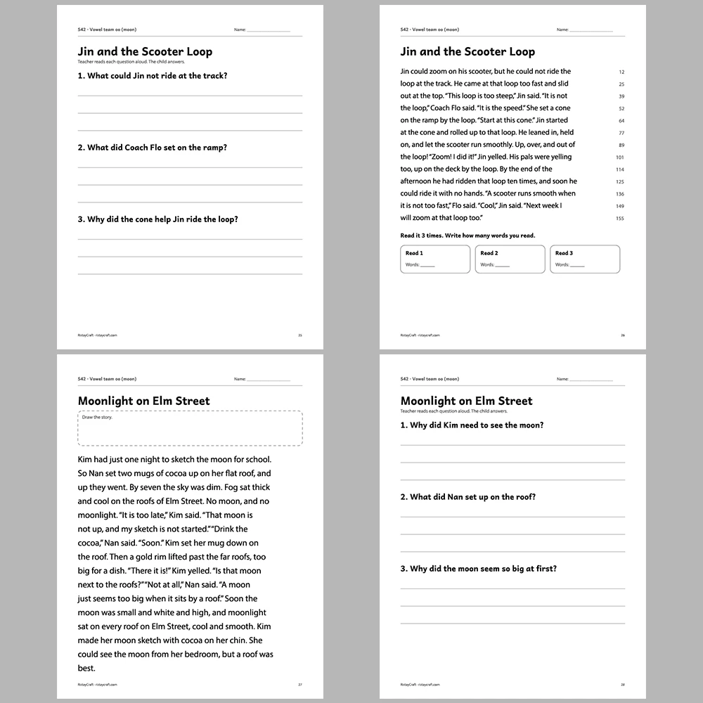 Vowel team oo (moon) Decodable Readers | 10 Stories 44 Pages | Phonics Printable PDF | Ages 6-9