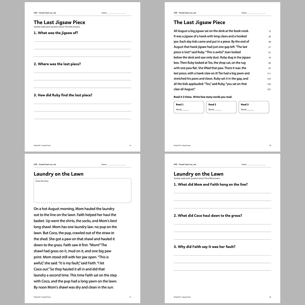 Vowel team au, aw Decodable Readers | 10 Stories 44 Pages | Phonics Printable PDF | Ages 6-9