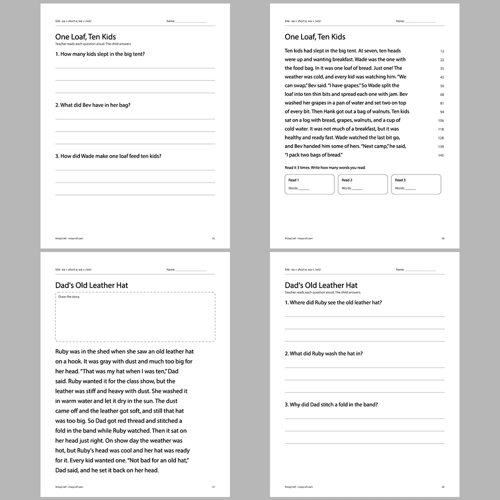 ea = short e; wa = /wŏ/ Decodable Readers | 10 Stories 44 Pages | Phonics Printable PDF | Ages 6-9