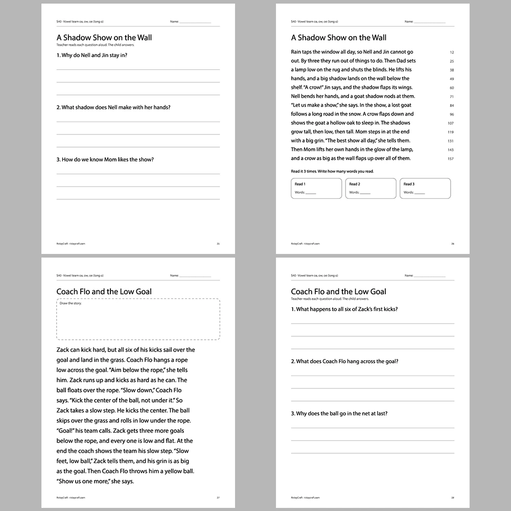 Vowel team oa, ow, oe (long o) Decodable Readers | 10 Stories 44 Pages | Phonics Printable PDF | Ages 6-8