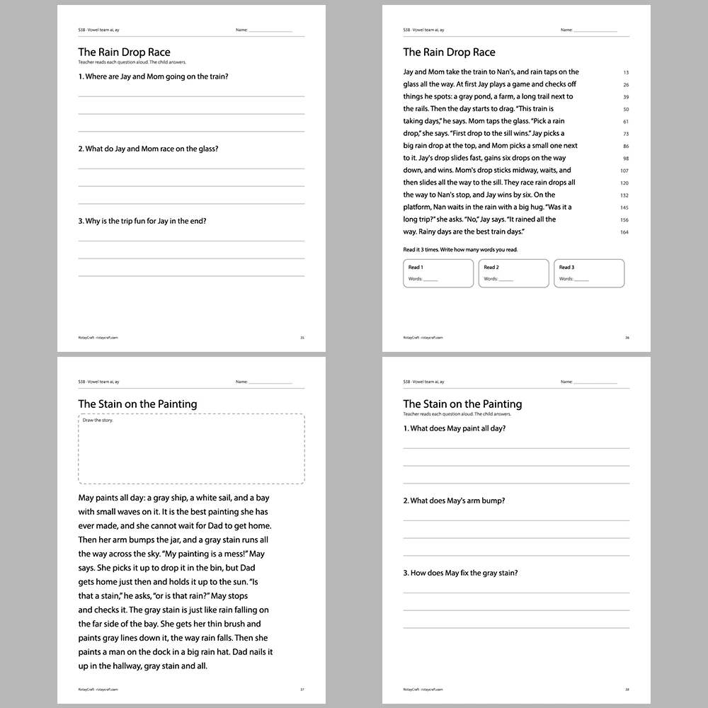 Vowel team ai, ay Decodable Readers | 10 Stories 44 Pages | Phonics Printable PDF | Ages 6-8