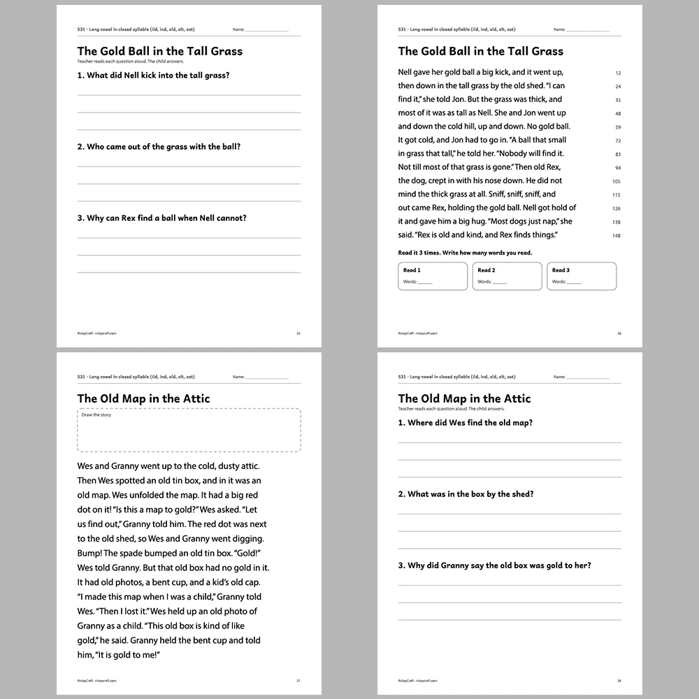 Long vowel in closed syllable (ild, ind, old, olt, ost) Decodable Readers | 10 Stories 44 Pages | Phonics Printable PDF | Ages 6-8