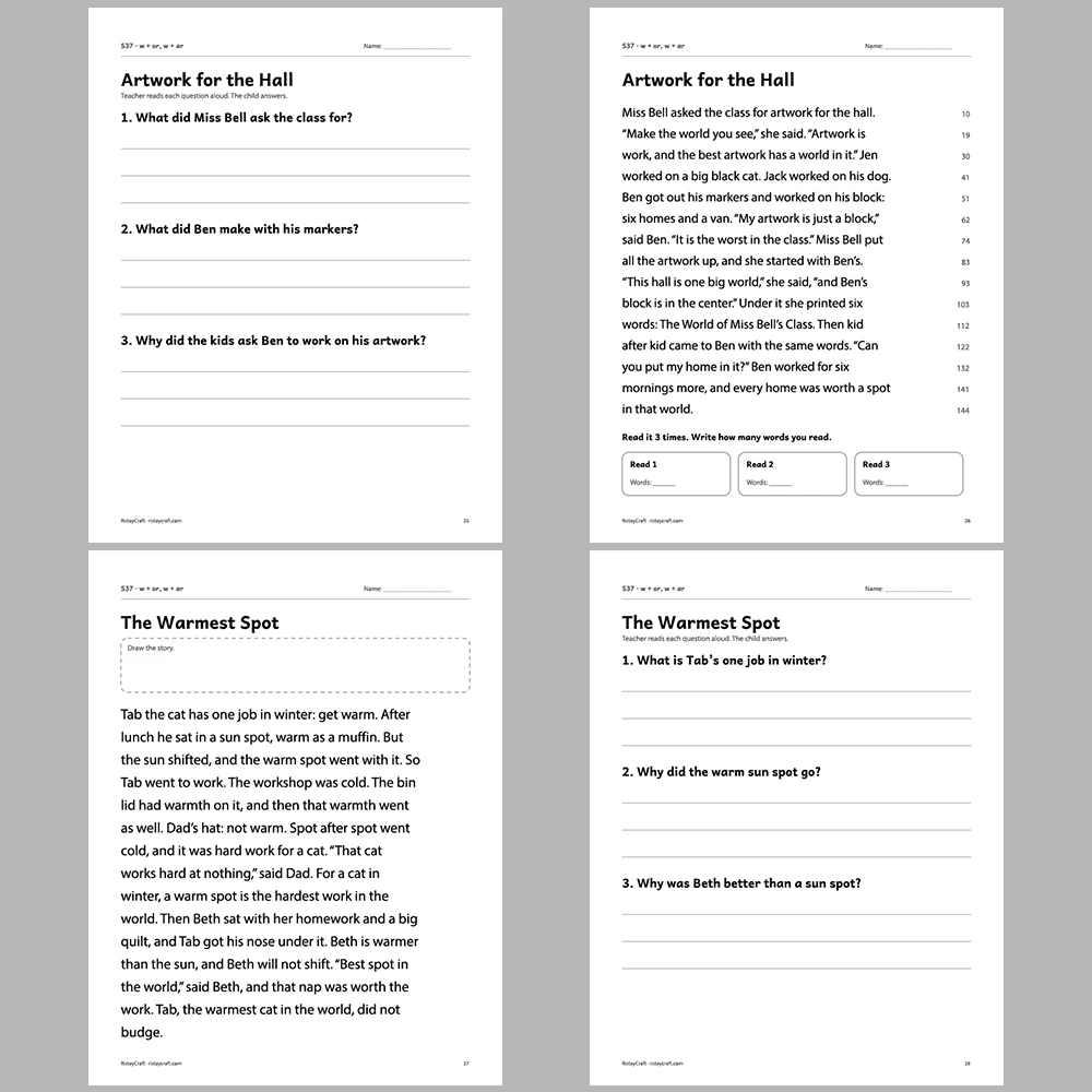 w + or, w + ar Decodable Readers | 10 Stories 44 Pages | Phonics Printable PDF | Ages 6-8